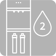 Gray icon showing a water dispenser with two water filters and a large water droplet labeled with the number 2, representing a two-stage water filtration system.
