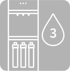 Gray icon of a water filtration system with three vertical filter cartridges on the left and a large water droplet with the number 3 inside it on the right.