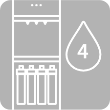 Gray icon of a water filtration system with four filter cartridges and a large water droplet containing the number 4 on the right side.