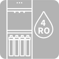 Gray icon showing a water purifier with four filter cartridges and a droplet shape labeled 4 RO, indicating a four-stage reverse osmosis water filtration system.