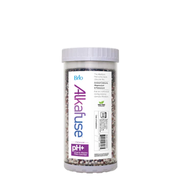 A container of Brio Alkafuse pH+ filter media with a white lid, showing the label with product details and branding on a plain white background.