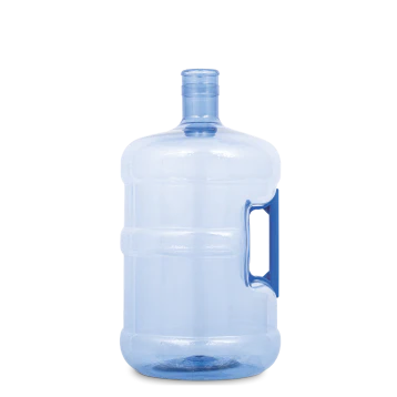 A large, transparent blue plastic water jug with a blue handle, standing upright on a plain white background.