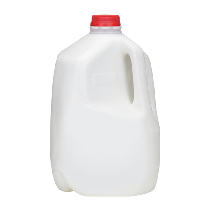 A plastic gallon jug of milk with a red cap, shown against a plain white background. The jug has a built-in handle near the top for easy carrying.