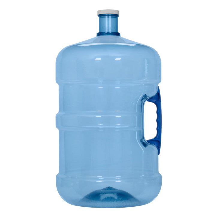 A large, transparent blue plastic water jug with a handle on the side and a white cap on top, typically used for water dispensers.