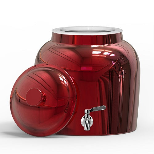 A shiny red metal water dispenser with a round lid resting on its side and a silver spigot near the bottom, set against a plain white background.