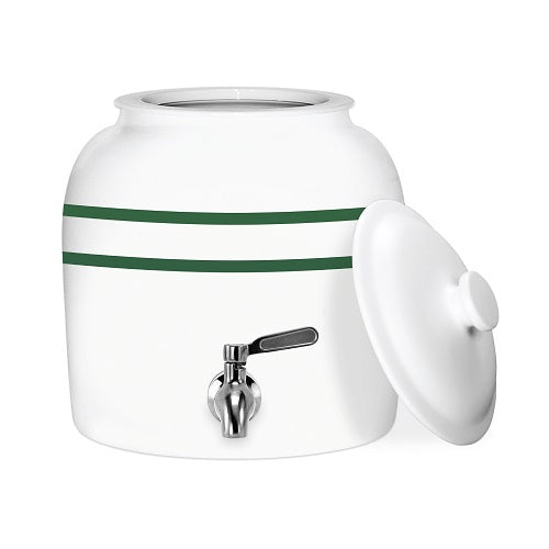 A white ceramic beverage dispenser with two green stripes, a metal spigot, and a matching removable lid resting to the side.