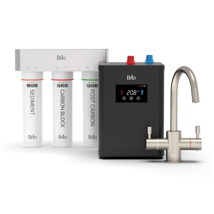 A Brio water filtration system with three labeled filter cartridges, a digital control unit, and a modern stainless steel faucet. The control unit displays temperature settings in red and blue.