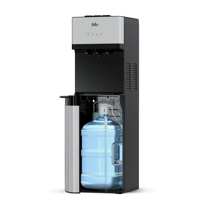 A black and silver water dispenser with a visible large blue water jug inside the lower compartment and indicator lights on the top front panel.