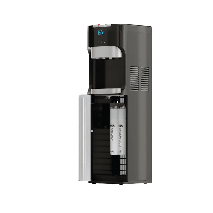 A stainless steel and black Brio water cooler dispenser with hot and cold water spouts, indicator lights, and a lower storage compartment.