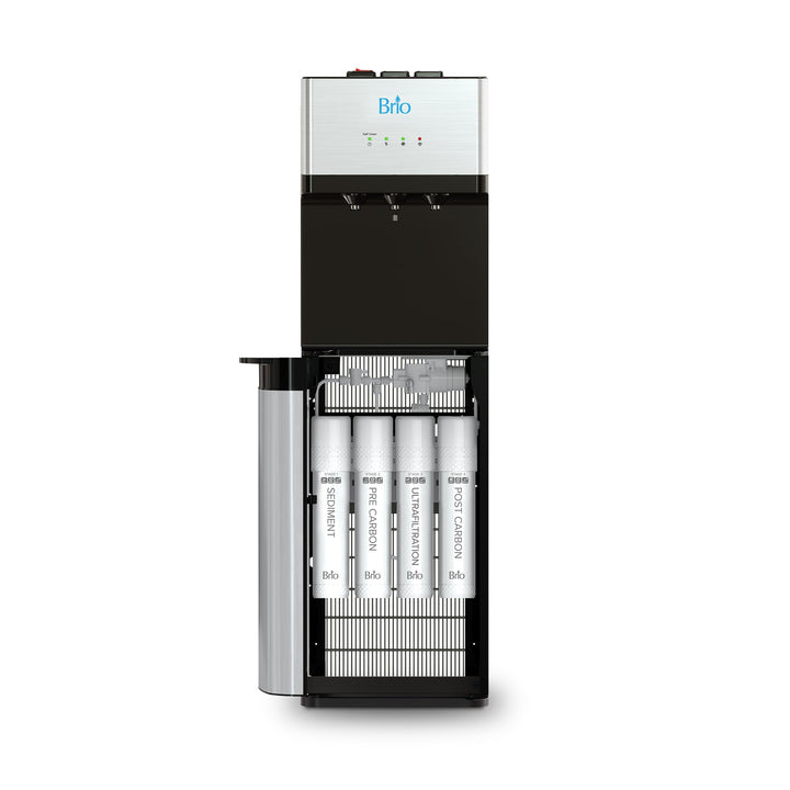 A stainless steel Brio water dispenser with three spouts, indicator lights, and a bottom-loading design for easy bottle replacement.