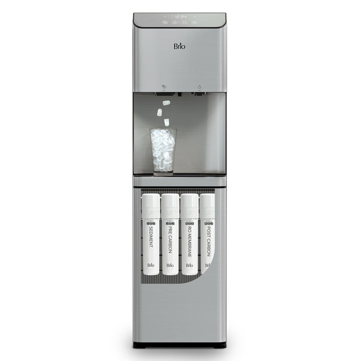 A stainless steel Brio Moderna 4-Stage Reverse Osmosis Ice Dispenser & Bottleless Water Cooler, with a water bottle and built-in ice storage. Front is cut out to show the internal filters.