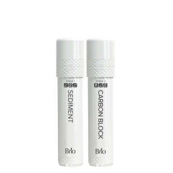Two white cylindrical filter cartridges labeled SEDIMENT and CARBON BLOCK by Brio, standing upright side by side against a plain background.