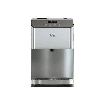 Front view of a Brio countertop water dispenser with a digital display, touch controls, and a stainless steel finish against a plain white background.