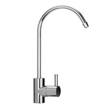 A modern, silver, single-handle kitchen faucet with a tall, curved spout and a cylindrical base, set against a plain white background.