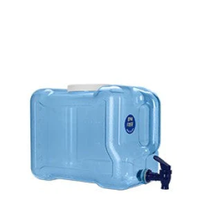 A large, rectangular blue water container with a white screw-on lid and a black spigot on one end, placed against a plain white background.