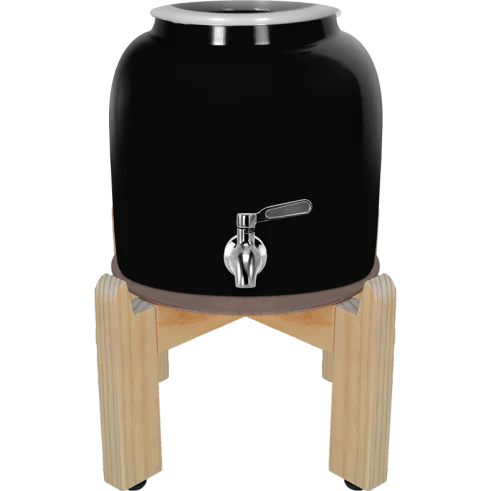 A black ceramic water dispenser with a metal spigot, placed on a light-colored wooden stand, shown on a plain white background.