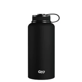 A large black water bottle with a screw-on lid and a carrying loop, featuring the word GEO printed in white near the bottom.
