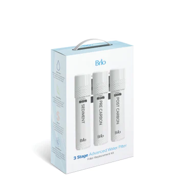 A box of Brio 3 Stage Advanced Water Filter replacement kit, featuring images of three labeled filters: Sediment, Pre Carbon, and Post Carbon, with a handle on top of the box.