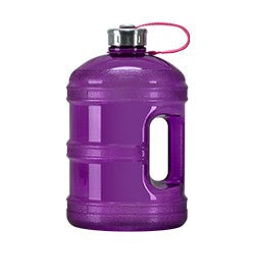 A large purple plastic water jug with a built-in handle and a silver screw-on cap attached by a pink loop.