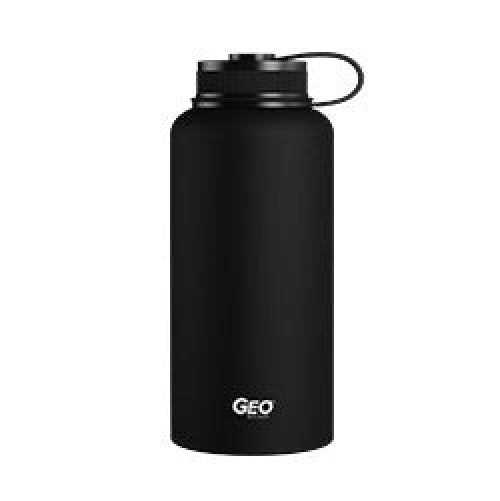 A black, wide-mouth water bottle with a screw-on lid and a carrying loop. The word GEO is printed in white near the base of the bottle.