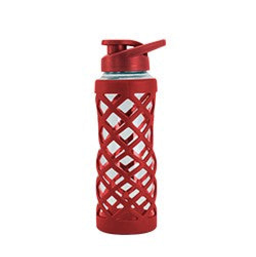 A clear glass water bottle with a red, crisscross-patterned silicone sleeve and a matching red flip-top lid, standing upright on a white background.