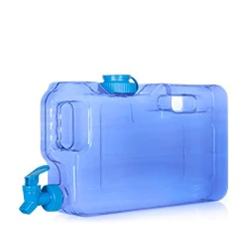 A large, rectangular, transparent blue plastic water container with a carrying handle, a screw cap on top, and a blue spigot for pouring at one lower corner.