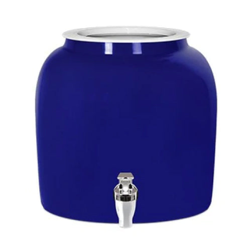 A dark blue ceramic water dispenser with a white rim at the top and a silver and white spigot at the front, set against a plain white background.