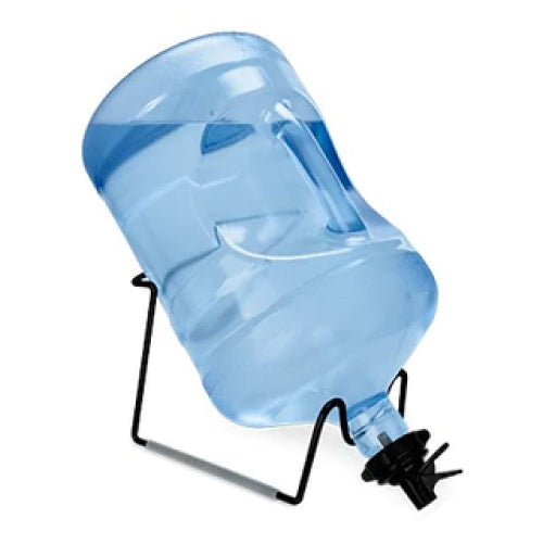 A large blue water jug is tilted on a black metal stand with a spout at the bottom for easy dispensing. The jug is partially filled with water.