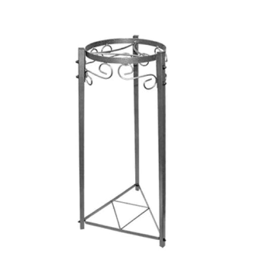 A tall, metal plant stand with three legs and decorative scrollwork around the circular top, designed to hold a potted plant.