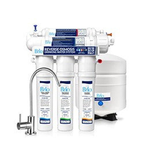A reverse osmosis water filtration system with multiple filter cartridges, a faucet, and a white storage tank. The filters and tank are labeled with blue and orange accents.