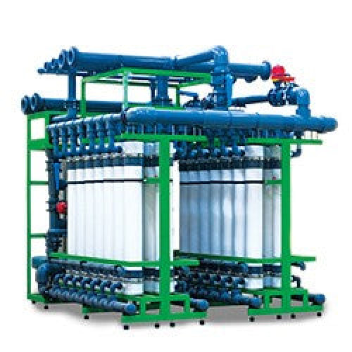 A large industrial water filtration system with blue pipes, green framing, and multiple cylindrical filter units, designed for water treatment or purification processes.