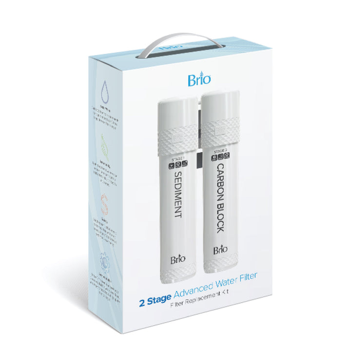 Box of Brio 2 Stage Advanced Water Filter Replacement, showing two white filter cartridges labeled Sediment and Carbon Block on the front of the packaging.