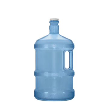 A large, transparent blue plastic water jug with a white cap and a side handle, standing upright against a plain white background.