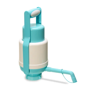 A light blue and white manual water dispenser pump with a handle and a spout, designed to fit on top of a large water bottle.