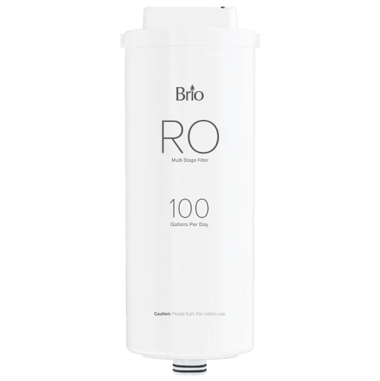 A white Brio RO multi-stage filter cartridge labeled 100 Gallons Per Day is shown upright against a plain background.