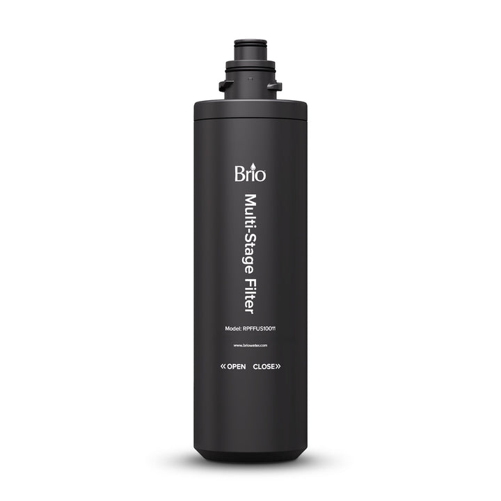 The 11" Multi-Stage Filter is a black, cylindrical replacement filter with vertical product details and labeled instructions at the bottom—perfect for undersink filtration systems.