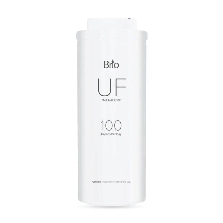 A white cylindrical Brio UF multi-stage water filter cartridge labeled for 100 gallons per day, shown against a plain white background.