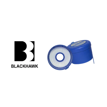 Blackhawk logo next to a blue circular filter container, one lid open showing a white filter inside.