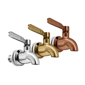 Three metallic water faucets are shown side by side in silver, gold, and copper finishes, each with a horizontal lever handle and a shiny, reflective surface.