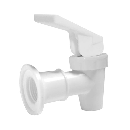 A white plastic spigot with a lever handle, designed for dispensing liquids from containers, photographed against a plain white background.