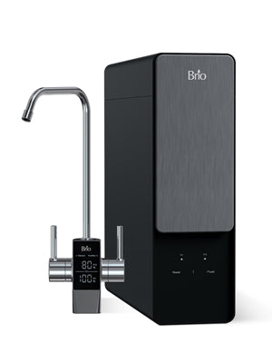 A modern Brio water filtration system with a sleek black and silver design, featuring a digital display and touch controls next to a tall, curved faucet.