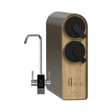 A modern water filtration system with a wood and black finish, featuring two large dials, a digital display, and a sleek metal faucet.