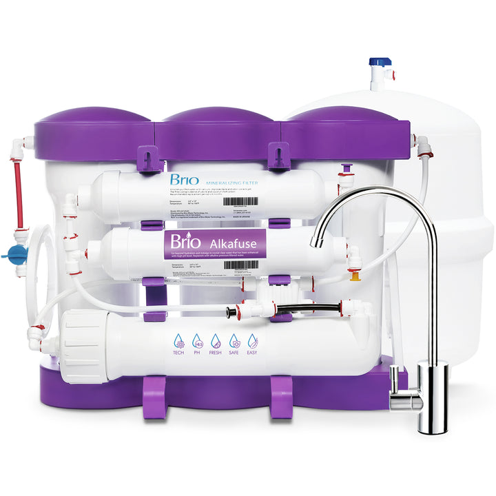 A white and purple Brio reverse osmosis water filtration system with multiple filter cartridges and a chrome faucet, shown with a white storage tank in the background.