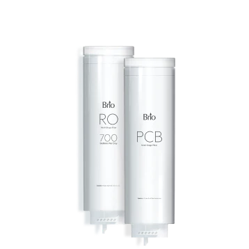Two white cylindrical water filter cartridges labeled Brio RO 700 and Brio PCB standing upright against a plain white background.