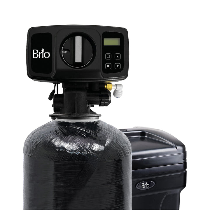 A Brio water softener system with a digital control panel and a black resin tank wrapped in plastic, positioned next to a matching black brine tank.