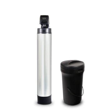 A water softener system with a tall, silver cylindrical tank and a shorter, black brine tank with a lid, both standing side by side on a white background.