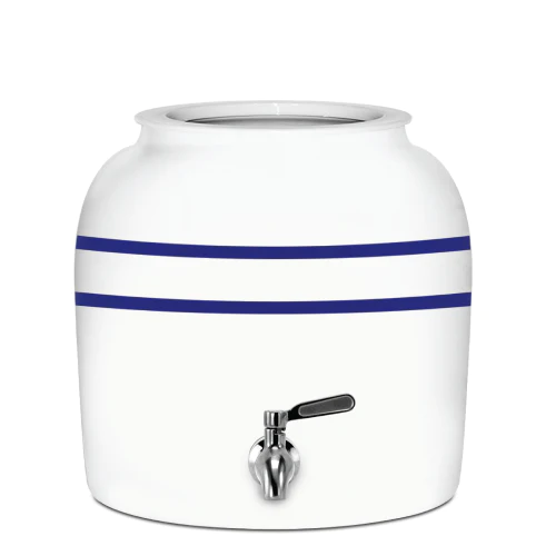 A white ceramic beverage dispenser with two horizontal blue stripes and a silver spigot, set against a plain white background.
