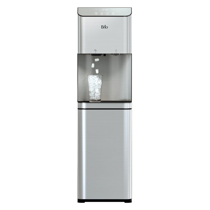 A stainless steel water dispenser releases ice cubes into a clear cup placed in the dispenser area, with control buttons visible on the top front panel.