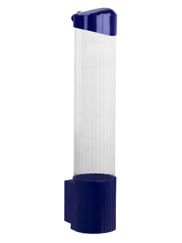 A transparent vertical plastic dispenser with a dark blue top and base, designed for holding and dispensing items such as disposable cups.
