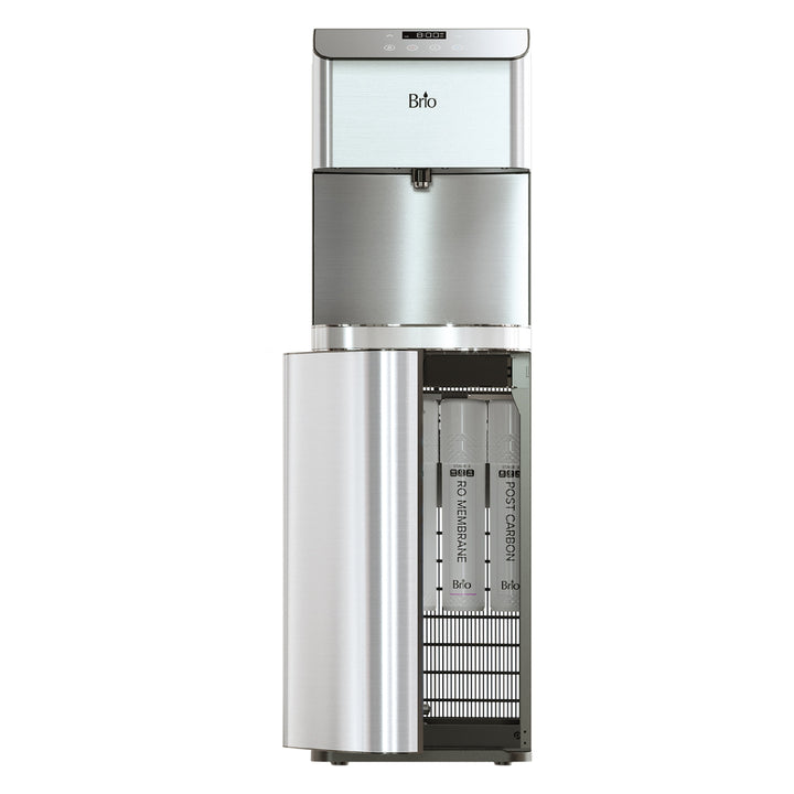 A silver Brio water cooler and dispenser with the front door open, revealing the lower compartment and water filter system inside.